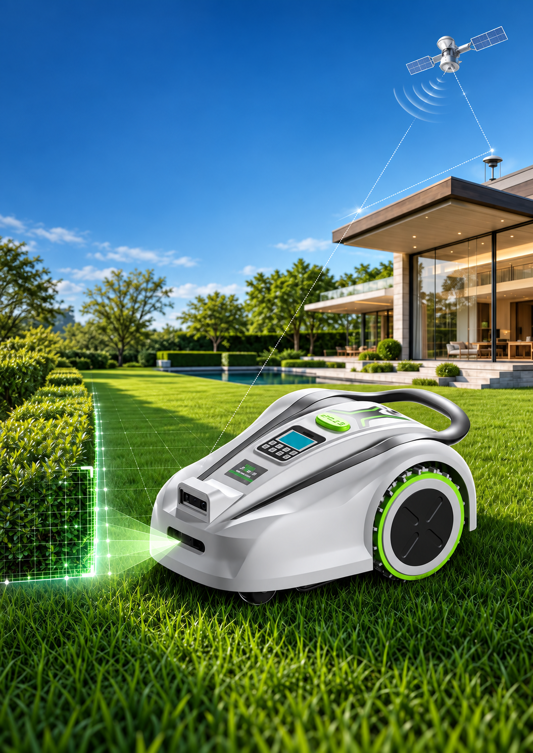 视觉与 RTK 双系统智能割草机器人在庭院中工作